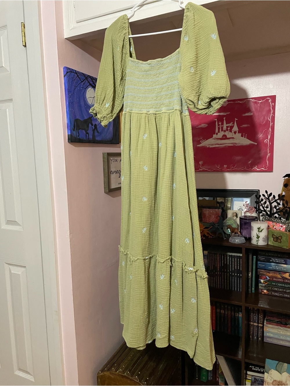 Smocked Puff-Sleeve Maxi Dress in Light Olive